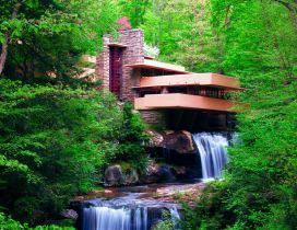 Building and waterfall in the green forest