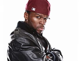 50 Cent with red cap and black jacket