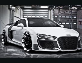 White Audi R8 altered tuning in the garage