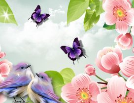 Two sweet birds and two butterflies between pink flowers