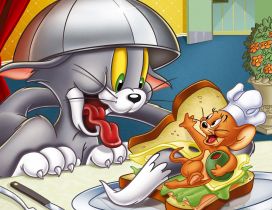 Tom and Jerry in the kitchen make a sandwich