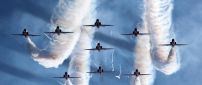 Many fighter plane on the blue sky