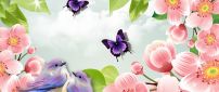 Two sweet birds and two butterflies between pink flowers