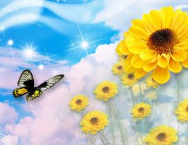 Digital wallpaper - butterfly and sunflowers
