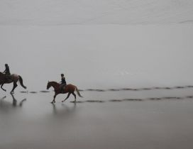 Two riders walking on beach - Footprints in the sand