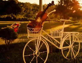 White bicycle with a violin in the basket on the grass