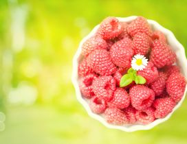 A white bowl full with raspberries