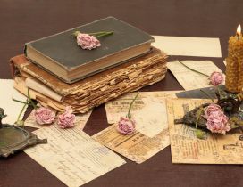A old book, two candles and pink roses - Vintage wallpaper