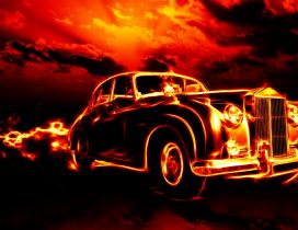 Vintage car in flames - Dark wallpaper