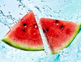 Two fresh watermelon in the water