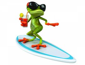 Funny green frog surfing with sunglasses