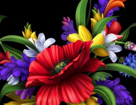 HD colorful flowers bouquet on the black background