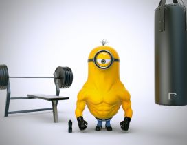 A yellow minion bodybuilder at gym