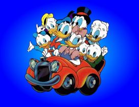 Characters from Donald Duck family in a car