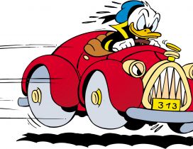 Donald Duck character drives speed a red car