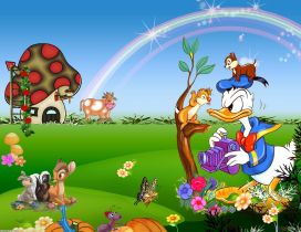 Nervous Donald Duck and many animals in the garden
