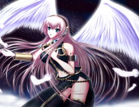 Anime girl angel with white wings and purple hair