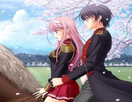 An anime couple on a brown horse in a spring day