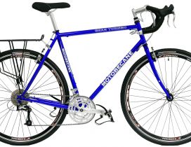 Blue touring bicycle with rack