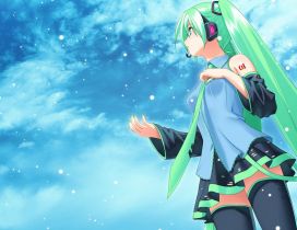 An anime girl with green hair and a blue sky