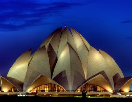 The beautiful Lotus Temple lit in the night