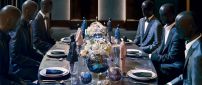 Blue men mannequins at the table - Abstract wallpaper