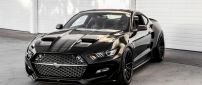 Beautiful black Ford Mustang Rocket in front of the garage