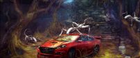 Fantastic forest with fantasy creatures and a red car