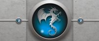 3D blue dragon logo on the gray wall