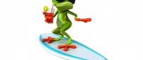 Funny green frog surfing with sunglasses