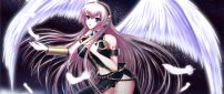 Anime girl angel with white wings and purple hair