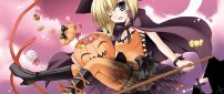 A girl witch on a broom - Halloween anime wallpaper