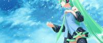 An anime girl with green hair and a blue sky