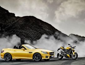 Yellow Mercedes SLK AMG and Ducati Streetfighter