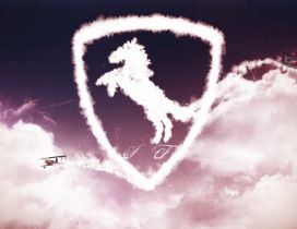 Ferrari logo made of clouds and a plane