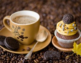 Delicious coffee and sweet dessert with Oreo biscuits