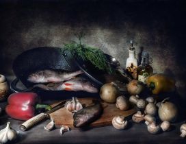 Artistic wallpaper - fish and mushrooms food