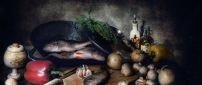 Artistic wallpaper - fish and mushrooms food