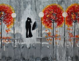 Beautiful grey painting - two lovers in the rain
