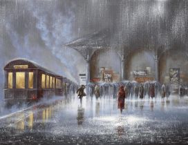 Rainy day  - beautiful painting people in the rain station