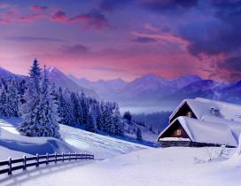 Beautiful winter landscape - house at the white mountain