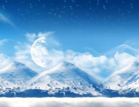 Wonderful big mountains full with snow - big moon