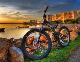 Walk with the bike - beautiful sunset landscape