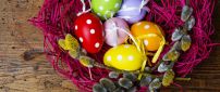 Purple basket with Easter eggs - Happy spring Holidays
