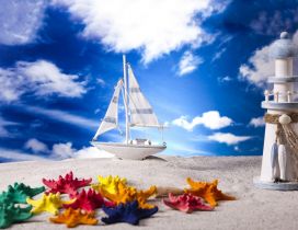 Colored starfishes white boat and a lighthouse