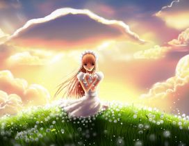 Anime bride on a field full with dandelions - HD wallpaper