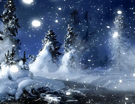 Snowing over the nature - wonderful winter night