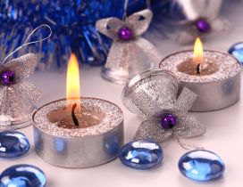 Silver Angels and candles - Blue Christmas Holiday