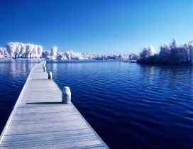 Wonderful blue lake in the cold winter season