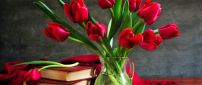 Red books and wonderful bouquet of red tulips - Flowers
